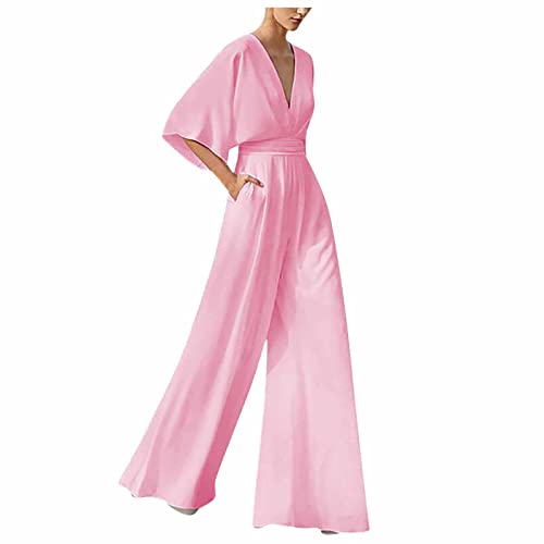 RMBLYfeiye Jumpsuit Damen Lang V-Ausschnitt Einfarbiges 3/4 Ärmel Chiffon Jumpsuit Mit Taschen Hohe Taille Tailliert Tunika Overall Hosenanzug Festlich Jumpsuit Elegant Hochzeit Gast von RMBLYfeiye