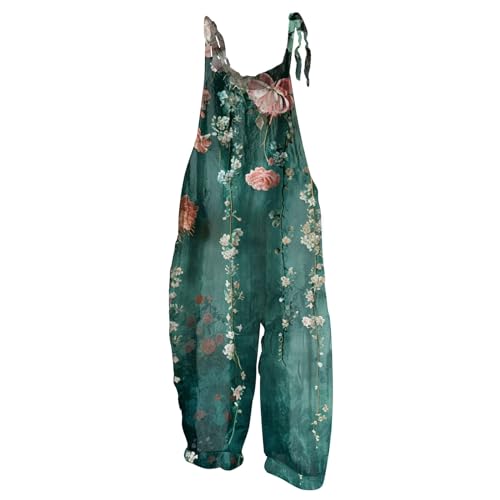 RMBLYfeiye Jumpsuit Mit Schleife Damen Kleid Sommer Einteiler Blumen Bedruckt Vintage Baumwoll Leinen Lang Weites Bein Spaghetti von RMBLYfeiye
