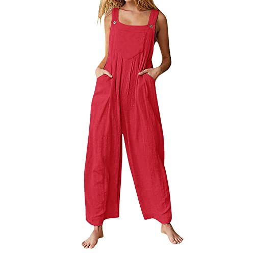 RMBLYfeiye Jumpsuits Für Damen Jumpsuit Damen Sport Jumpsuit Damen Baumwolle Einfarbiges Verstellbarer Riemen Baumwoll Leinen Jumpsuit Lang Latzhose Mit Taschen Damen Hosenanzug (Rot, Xxl) von RMBLYfeiye