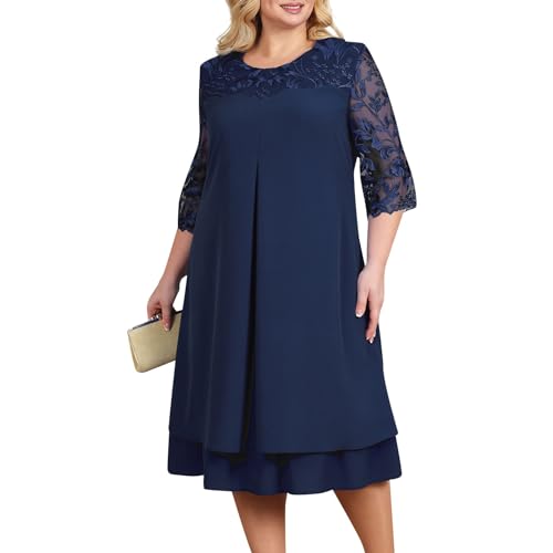 RMBLYfeiye Kleid Damen Elegant Kleid Schwarz A Linie Boho Kleidung Damen Rundhals Einfarbiges Stickerei Chiffon Kleid 3/4 Ärmel Abendkleider Große Größen Leopardenmuster (Marine, 4XL) von RMBLYfeiye