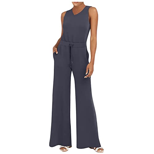 RMBLYfeiye Latzhose Damen Kurz Einteiler Damen Sommer Latzhose Grün Damen Rundhals Einfarbiges Rüschenärmel Hosenanzug Mit Gürtel Straight Leg Jumpsuit Hochzeit Gast Damen Latzhose (Dunkelgrau, Xl) von RMBLYfeiye