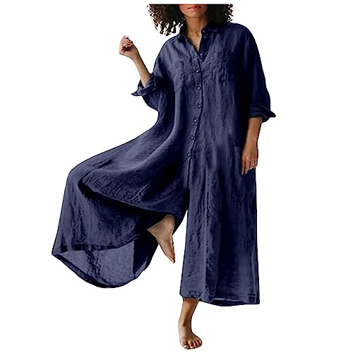 RMBLYfeiye Leinen Jumpsuit Damen Revers Einfarbiges Langarm Latzhose Mit Taschen Knopfleiste Weites Bein Trägerhose Baumwoll Leinen Sommer Overall Arbeitslatzhose Latzhose Oversize von RMBLYfeiye