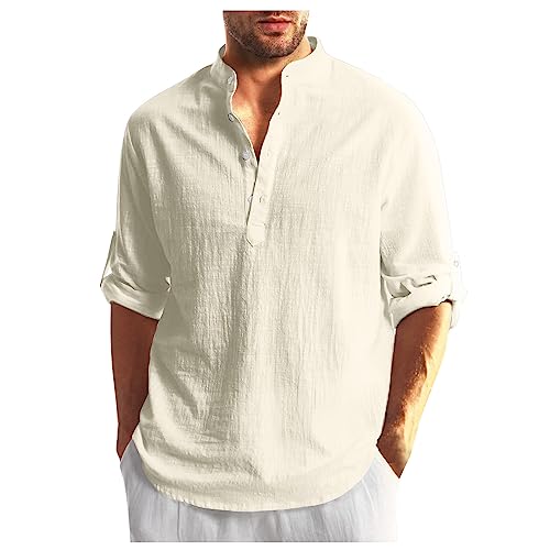 RMBLYfeiye Leinenhemd Herren Revers Einfarbiges Knopfleiste Henley Hemd Mit Brusttasche Baumwoll Leinen Sommerhemd Kurzarm Strandhemd Freizeithemd Hawaiihemd von RMBLYfeiye