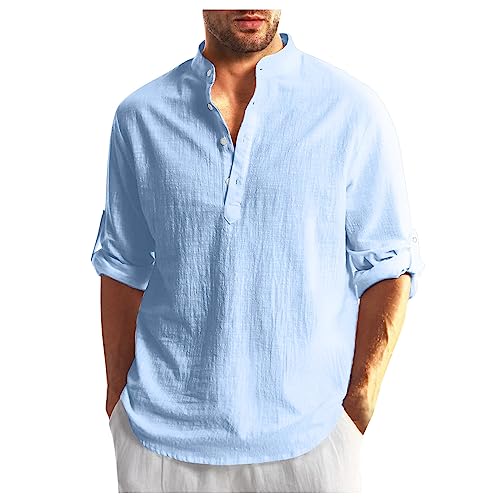 RMBLYfeiye Leinenhemd Herren Revers Einfarbiges Knopfleiste Henley Hemd Mit Brusttasche Baumwoll Leinen Sommerhemd Kurzarm Strandhemd Freizeithemd Hawaiihemd von RMBLYfeiye