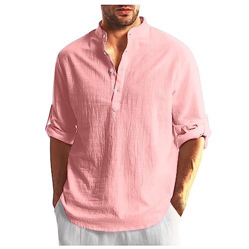 RMBLYfeiye Leinenhemd Herren Revers Einfarbiges Knopfleiste Henley Hemd Mit Brusttasche Baumwoll Leinen Sommerhemd Kurzarm Strandhemd Freizeithemd Hawaiihemd von RMBLYfeiye