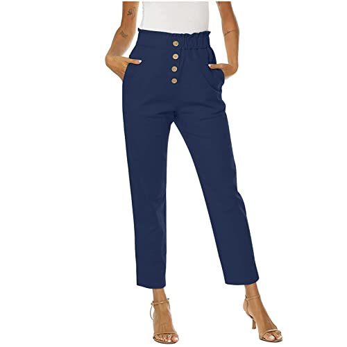 RMBLYfeiye Leinenhose Damen High Waist Einfarbiges Knopfleiste 7/8 Hosen Mit Taschen Baumwoll Leinen Locker Chino Hose Leicht Stoffhose Business Hose Palazzo Hose Jogginghose Freizeithose von RMBLYfeiye