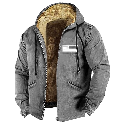 RMBLYfeiye Mantel Herren Lang Militär Jacke Herren Winter Parka Jacke Herren Usa Flagge Bedruckt Gefütterte Jacke Mit Reißverschluss Fleece Futter Sweatjacke Mit Kapuze Bomberjacke Herren (Grau, 3Xl) von RMBLYfeiye