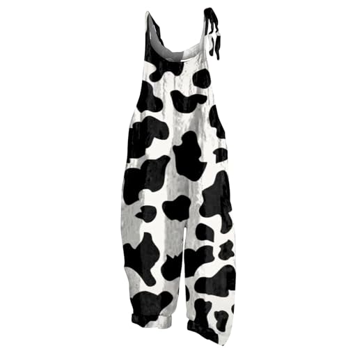 RMBLYfeiye Onesie Kostüm Erwachsene Ski Overall Damen Winter Jumpsuit Kuhdruck Kuschelig Spaghetti Rückenfrei Latzhose Ärmelloser Romper Fasching von RMBLYfeiye