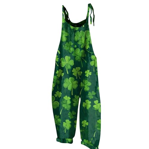 RMBLYfeiye Onesie Kostüm Latzhose Damen Blau Fasching Kleeblatt Druck St Patricks Day Jumpsuit Wide Leg Playsuit Rückenfrei Romper Kuschelig Strampler Ärmelloser Armeegrün L von RMBLYfeiye