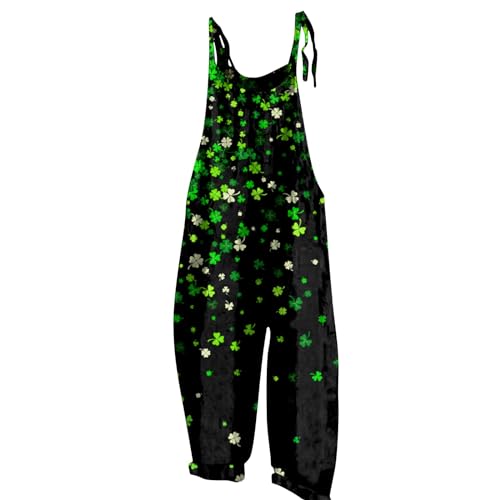 RMBLYfeiye Orangener Overall Sport Jumpsuit Damen Winter Kleeblatt Druck St Patricks Day Wide Leg Playsuit Rückenfrei Romper Kuschelig Strampler Ärmelloser Onesie Schwarz S von RMBLYfeiye