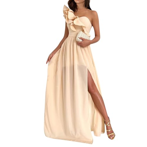 RMBLYfeiye Party Kleider Damen Sexy Leopardenmuster Hemdkleid Damen One Shoulder Cocktailkleid Mit Schlitz Ärmellos Schulterfrei Abiballkleid Hohe Taille Ballkleider Lang Kleider Elegant (2-Beige, M) von RMBLYfeiye