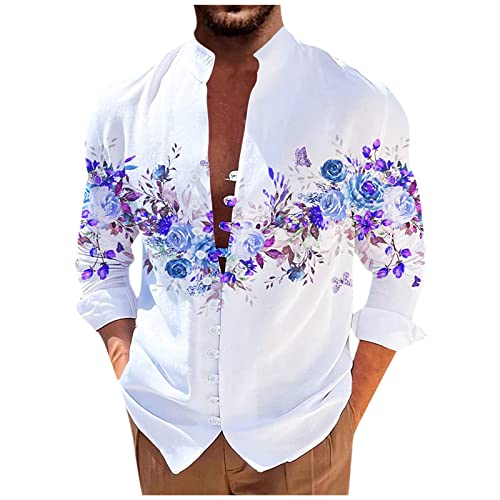 Replay T-Shirt Herren Hemd Herren Kurzarm Laufshirt Herren Stehkragen Rose Druck Druckknopf Langarmshirt Loose Fit Hawaii Hemd Männer Lockere Henley Shirt Herren T Shirt (Blau, 3XL) von RMBLYfeiye