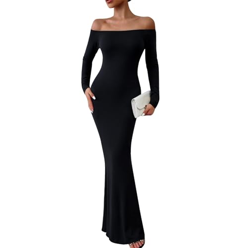 RMBLYfeiye Sexy Kleid Damen Wickelkleid Damen Damen Kleider Tube Top Langarm Wickelkleid Bodycon Schwarzes Kleid Enges Bleistiftkleid Slim Fit Maxikleid Abendkleider (Schwarz, M) von RMBLYfeiye