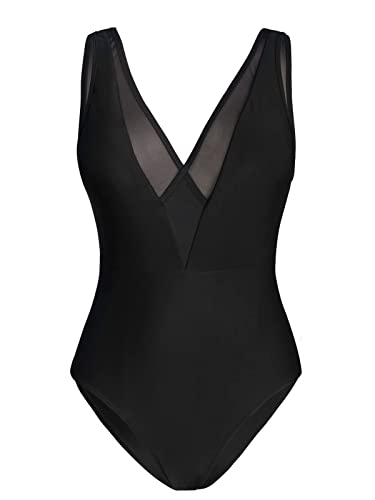 RMBLYfeiye Shape Badeanzug Damen Badekleid Sportbadeanzüge Für Damen Badeanzug Damen Push Up V-Ausschnitt Einfarbiges Mesh Badeanzug Bauchweg Bikini Einteiler Bademode Badeanzug Schwarz (Schwarz, M) von RMBLYfeiye