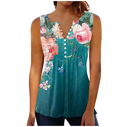 RMBLYfeiye Shirt Damen Sommer,V-Ausschnitt Blumen Bedruckt Ärmellos Oberteile Knopfleiste Slim Tank Top Plissiertes A Linien Sommer Blusen Elegant Retro Boho Tops Locker Strand Top von RMBLYfeiye