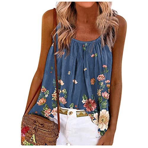 RMBLYfeiye Sommer Tunika Tops Damen Rundhals Blumen Bedruckt Spaghetti Tank Top Plissiertes Locker Blusen Ärmellos Sexy Rückenfrei Party Tops Retro Boho Tops Elegant Oberteile von RMBLYfeiye