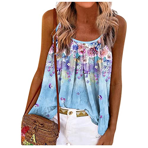 RMBLYfeiye Sommer Tunika Tops Damen Rundhals Blumen Bedruckt Spaghetti Tank Top Plissiertes Locker Blusen Ärmellos Sexy Rückenfrei Party Tops Retro Boho Tops Elegant Oberteile von RMBLYfeiye