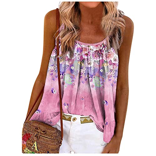 RMBLYfeiye Sommer Tunika Tops Damen Rundhals Blumen Bedruckt Spaghetti Tank Top Plissiertes Locker Blusen Ärmellos Sexy Rückenfrei Party Tops Retro Boho Tops Elegant Oberteile von RMBLYfeiye