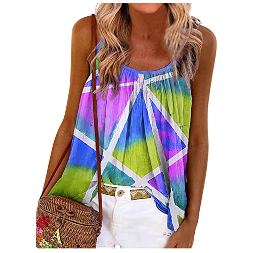 RMBLYfeiye Sommer Tunika Tops Damen Rundhals Blumen Bedruckt Spaghetti Tank Top Plissiertes Locker Blusen Ärmellos Sexy Rückenfrei Party Tops Retro Boho Tops Elegant Oberteile von RMBLYfeiye