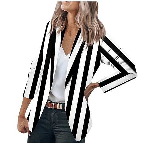 RMBLYfeiye Sommerjacke Damen Motorrad Jacke Frauen Softshell Blazer Schwarz Damenrevers Offene Front Gestreifter Druck Business Elegant Bürojacke Damen-Jacken von RMBLYfeiye