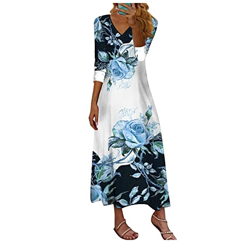 RMBLYfeiye Sommerkleid Damen Lang V-Ausschnitt Blumen Bedruckt Spitzenärmel Maxikleid Vintage Boho Kleid Knopfleiste Basic Strandkleid Langarm Abendkleid Lang Abschlusskleid Tunika Kleid Hemdkleid von RMBLYfeiye