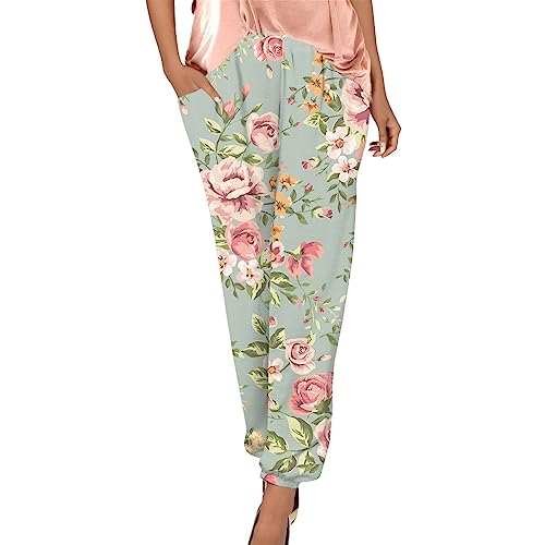 RMBLYfeiye Sport Hosen Damen Pumphose Jeans Hose Elastische Taille Retro Blumen Bedruckt Caprihose Mit Taschen Locker Boho Straight Leg Haremshose Chino von RMBLYfeiye