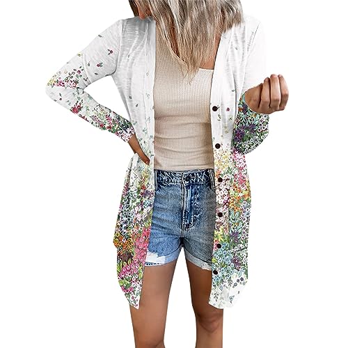 RMBLYfeiye Strickjacke Damen Lang Mit Kapuze Leichter Sommer Cardigan Blazer Blau Blumenmuster Leichte Übergangsjacke Knopfleiste Elegant Langarm Longblazer von RMBLYfeiye