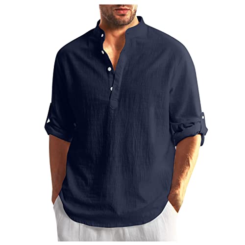 T-Shirt Weiß Herren Hemd Herren Blau Jeanshemd Herren Stehkragen Einfarbiges Knopfleiste Henley Hemd Mit Brusttasche Businesshemden Kurzarm Haweihemd (Marine, XL) von RMBLYfeiye