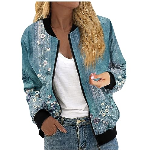 RMBLYfeiye Übergangsjacke Damen Blumenmuster Langarm Bomberjacke Mit Reißverschluss Stehkragen Outwear Kurz Coat Mit Taschen Herbst Frühling Dünne Dacke Leicht College Jacke Blouson Für Frauen von RMBLYfeiye