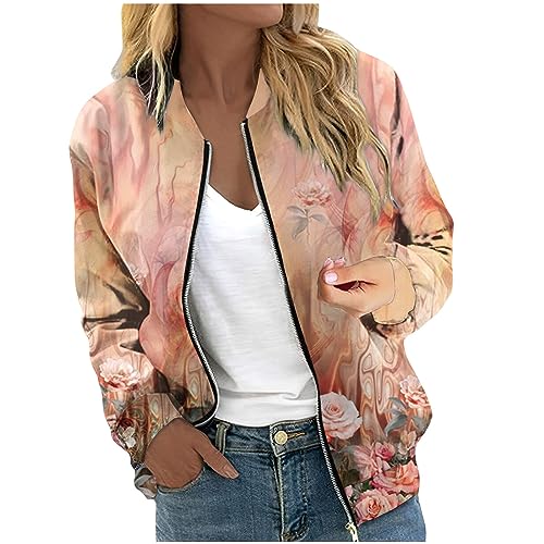 RMBLYfeiye Übergangsjacke Damen Blumenmuster Langarm Bomberjacke Mit Reißverschluss Stehkragen Outwear Kurz Coat Mit Taschen Herbst Frühling Dünne Dacke Leicht College Jacke Blouson Für Frauen von RMBLYfeiye