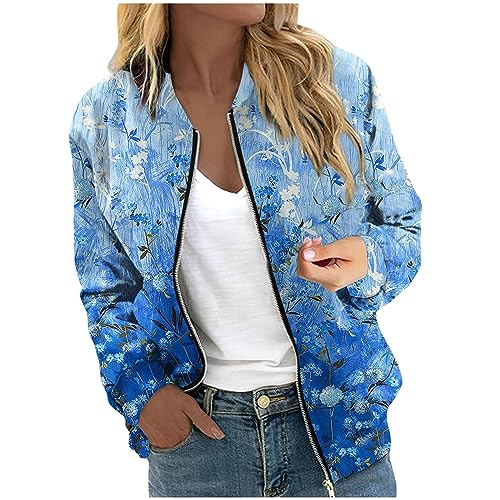 RMBLYfeiye Übergangsjacke Damen Blumenmuster Langarm Bomberjacke Mit Reißverschluss Stehkragen Outwear Kurz Coat Mit Taschen Herbst Frühling Dünne Dacke Leicht College Jacke Blouson Für Frauen von RMBLYfeiye