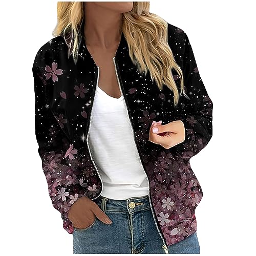 RMBLYfeiye Übergangsjacke Damen Blumenmuster Langarm Bomberjacke Mit Reißverschluss Stehkragen Outwear Kurz Coat Mit Taschen Herbst Frühling Dünne Dacke Leicht College Jacke Blouson Für Frauen von RMBLYfeiye