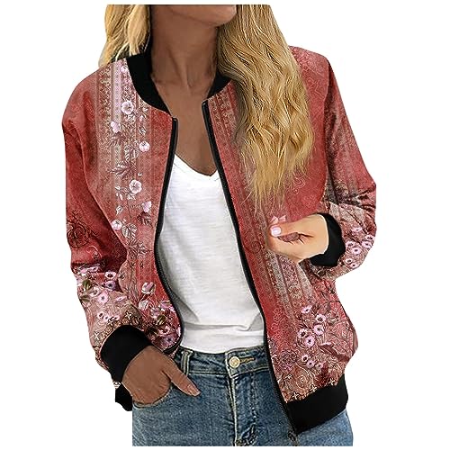 RMBLYfeiye Übergangsjacke Damen Blumenmuster Langarm Bomberjacke Mit Reißverschluss Stehkragen Outwear Kurz Coat Mit Taschen Herbst Frühling Dünne Dacke Leicht College Jacke Blouson Für Frauen von RMBLYfeiye