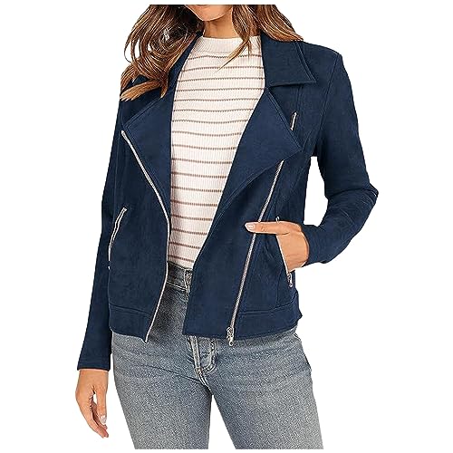 RMBLYfeiye Übergangsjacke Damen Elegant Damen Regenjacke Wasserdicht Hoodie Damen Mit Kapuze Wildleder Motorradjacke Kunstleder Übergangsjacke Mit Reißverschluss Windjacke Damen (Dunkelblau, Xl) von RMBLYfeiye