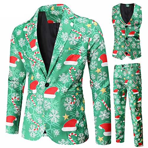 RMBLYfeiye Weihnachtsanzüge Herren Set 3 Teilig Slim Fit Verschiedene Drucke Festlich Weihnachten Sakko Blazer Partyanzug Anzugjacke + Anzughose + Weste Set von RMBLYfeiye