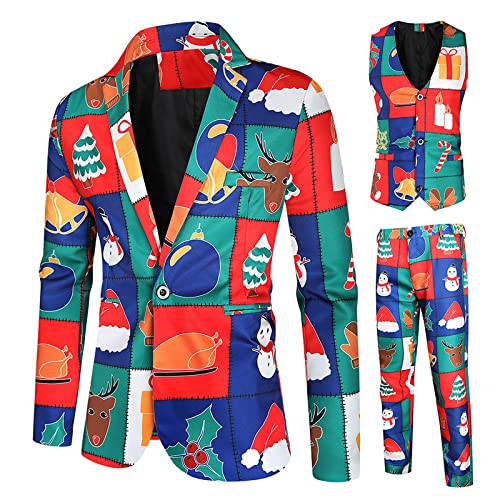 RMBLYfeiye Weihnachtsanzüge Herren Set 3 Teilig Slim Fit Verschiedene Drucke Festlich Weihnachten Sakko Blazer Partyanzug Anzugjacke + Anzughose + Weste Set von RMBLYfeiye