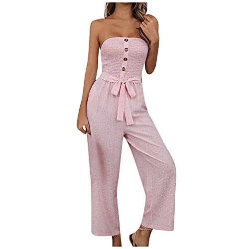 RMBLYfeiye jumpsuit elegant hochzeit gast jumpsuit damen sommer kurz jumpsuit damen kostüm V-Ausschnitt Blumen bedruckt jumpsuit lang weites Bein haremshose arbeitslatzhose damen (Rosa, S) von RMBLYfeiye