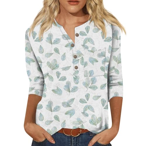 Rollkragenshirt Damen Musselin Bluse Damen Longtops Damen Lang V-Ausschnitt Blumen Bedruckt Dreiviertelarm Shirt Loose Fit Hemdbluse Festliche Oberteile Blusen Damen (Minzgrün, XL) von RMBLYfeiye