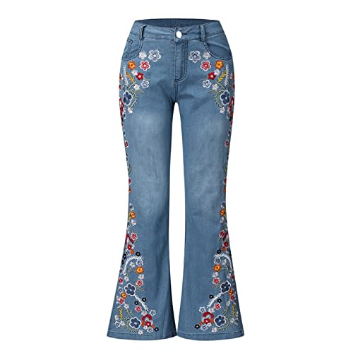 Schicke Hose Damen Hosen Damen Jeans Hosen Damen Jeans Retro Boho Jeans Blumenstickerei Jegging Jeans Mit Taschen High Waist Slim Fit Skinny Jeans A Linien Schlaghose Damen Chino (Hellblau, XL) von RMBLYfeiye