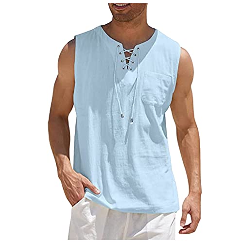 Schwarzes Hemd Herren Arbeitshemden Herren Langarm T-Shirt Weiß Reverskragen Einfarbig Knopfleiste Henley Shirt Ärmellos Sommerhemd Locker Tank Top Polohemd Herren (Hellblau, XXL) von RMBLYfeiye