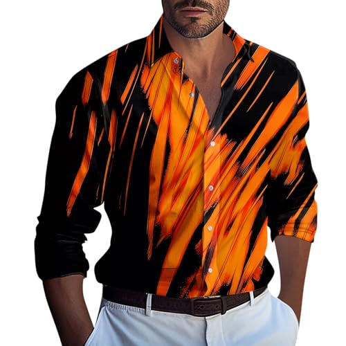 Schwarzes Hemd Herren Tshirt T Shirt Bedrucken Revers Neon Druck Strandhemd Langarm Knopfleiste Bequem Bügelfrei Hemd Yoga Shirt (Orange, M) von RMBLYfeiye