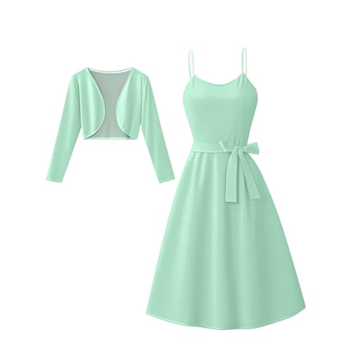 Sommerkleid Damen Elegant 2 Teiliges Kleid mit Cardigan Leicht und Luftig Spaghettiträger Kleider mit Gürtel Casual Swing Strandkleid Sets Vintage A-Linie Trägerkleid Cocktailkleid Freizeitkleid von RMBLYfeiye