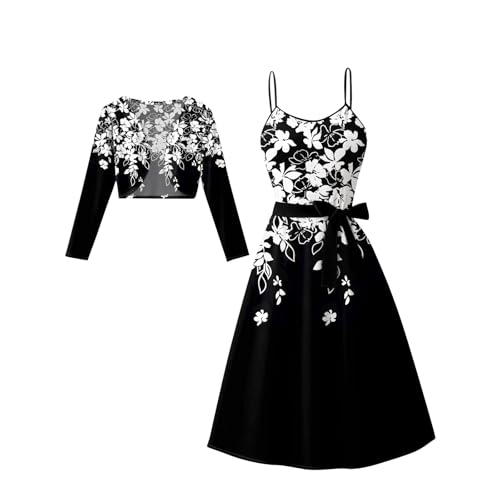 Sommerkleid Damen Elegant 2 Teiliges Kleid mit Cardigan Leicht und Luftig Spaghettiträger Kleider mit Gürtel Casual Swing Strandkleid Sets Vintage A-Linie Trägerkleid Cocktailkleid Freizeitkleid von RMBLYfeiye