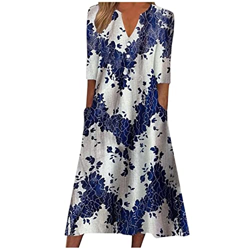 Sommerkleid Damen Lang Blusenkleid Kleider Eng Gestreifter Druck V-Ausschnitt Bohokleid A Line Strandkleid Mit Taschen 3/4 Ärmel Sommerkleid Knopfleiste Freizeitkleid Basic Maxikleid Kleider Damen von RMBLYfeiye