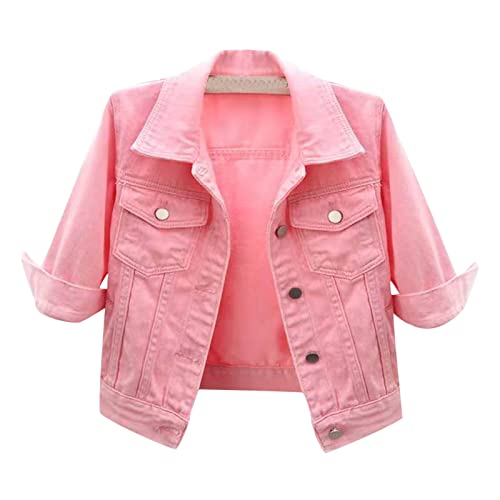 Sweatjacke Damen Mit Kapuze Weste Lang Blazer Kurz Reverskragen Einfarbiges Druckknopf 3/4 Ärmel Denim Cardigan Elegant Jeans Boleros Brusttasche Strickjacke von RMBLYfeiye