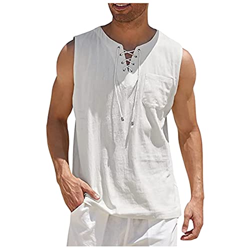 T-Shirt Herren Schwarz Hemd Herren Sommer T-Shirt Reverskragen Einfarbig Knopfleiste Henley Shirt Ärmellos Sommerhemd Locker Tank Top Longshirt (Weiß, L) von RMBLYfeiye