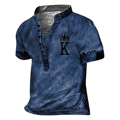 T-Shirts Für Herren T Shirts Männer Herren Poloshirt Kurzarm Poloshirt Herren Kurzarm V-Ausschnitt Retro Druck Henley Shirt Knopfleiste Tactical Shirts Herren T-Shirt (Blau, XL) von RMBLYfeiye