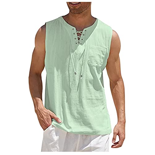 T Shirts Männer Hawaii Hemd Herren Laufshirt Herren Reverskragen Einfarbig Knopfleiste Henley Shirt Ärmellos Sommerhemd Locker Tank Top Herren T Shirt (Minzgrün, XL) von RMBLYfeiye