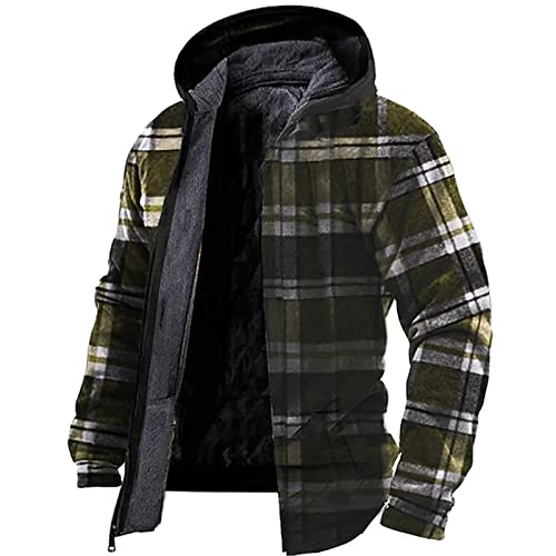 Übergangsjacke Herren Herbst Jacke Herren Winter Jacken Für Männer Vintage Kariertes Druck Decken Kapuzenjacke Mit Reißverschluss Sweatjacke Mit Kapuze Thermo Fleecejacke Motorrad Jacke (Armeegrün, M) von RMBLYfeiye