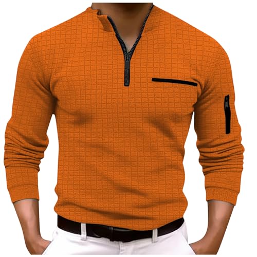 Weihnachtshemd Herren Combat Shirt Arbeits T-Shirt Herren Einfarbiges Waffel 1/4 Zip Pullover Mit Brusttasche Tailliert Businesshemden Leichte Trachtenhemd Herren Unterhemden (Orange, XL) von RMBLYfeiye